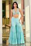 Chamee and Palak_Green Georgette Embellished Glass Bead Halter Reva Blouse Sharara Set _Online_at_Aza_Fashions