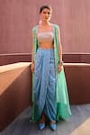 Buy_Chamee and Palak_Green Jamewar Embellished Pearl Bustier Ryna Draped Dhoti Skirt Set With Jacket _at_Aza_Fashions