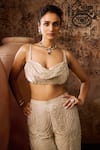 Masumi Mewawalla_Beige Silk Hand Embroidery Abstract Cowl Neck Top With Pant _at_Aza_Fashions