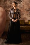 Buy_Masumi Mewawalla_Black Satin Organza Hand Embroidery Abstract Jacket Open Neck Palazzo Set _at_Aza_Fashions