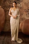 Buy_Masumi Mewawalla_Beige Silk Hand Embroidery Abstract Swirl Plunge Neck Saree With Blouse _at_Aza_Fashions