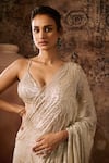 Masumi Mewawalla_Beige Silk Hand Embroidery Abstract Swirl Plunge Neck Saree With Blouse _Online_at_Aza_Fashions