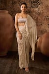 Buy_Masumi Mewawalla_Beige Silk Embellished Pre-draped Swirl Hand Embroidered Saree With Blouse _at_Aza_Fashions