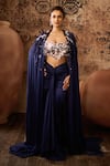 Buy_Masumi Mewawalla_Blue Mashroo Hand Embroidery Tassel Blouse Straight Cape And Draped Skirt Set _at_Aza_Fashions