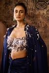 Masumi Mewawalla_Blue Mashroo Hand Embroidery Tassel Blouse Straight Cape And Draped Skirt Set _Online_at_Aza_Fashions