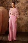 Buy_Masumi Mewawalla_Pink Natural Crepe Hand Embroidery Scallop Cape Open Neck And Skirt Set _at_Aza_Fashions