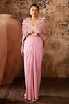 Buy_Masumi Mewawalla_Pink Natural Crepe Hand Embroidery Scallop Cape Open Neck And Skirt Set _Online_at_Aza_Fashions