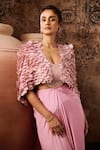 Masumi Mewawalla_Pink Natural Crepe Hand Embroidery Scallop Cape Open Neck And Skirt Set _at_Aza_Fashions