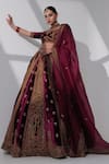 Taisha_Burgundy Pure Silk Velvet Hand Embroidery Mughal Nadia Bridal Lehenga Set _Online_at_Aza_Fashions