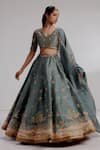 Taisha_Blue Pure Matka Silk Hand Embroidery Crane V-neck Sora Lehenga Set _Online_at_Aza_Fashions