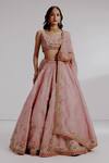 Taisha_Pink Pure Silk Organza Hand Embroidery Flamingo U-neck Alita Lehenga Set _Online_at_Aza_Fashions