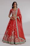 Buy_Taisha_Red Pure Silk Organza Hand Embroidery Floral V-neck Gouri Bridal Lehenga Set _at_Aza_Fashions