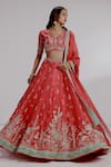 Shop_Taisha_Red Pure Silk Organza Hand Embroidery Floral V-neck Gouri Bridal Lehenga Set _Online_at_Aza_Fashions