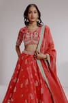 Taisha_Red Pure Silk Organza Hand Embroidery Floral V-neck Gouri Bridal Lehenga Set _at_Aza_Fashions