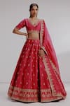 Buy_Taisha_Red Pure Silk Organza Hand Embroidery Crane Bird V-neck Nadira Lehenga Set _at_Aza_Fashions