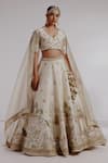 Taisha_Ivory Pure Raw Silk Hand Embroidery Mughal Garden Bahaar Applique Lehenga Set _Online_at_Aza_Fashions