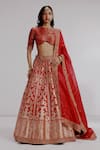 Taisha_Red Pure Banarasi Katan Silk Hand Embroidery Chitrita Bridal Lehenga Set _Online_at_Aza_Fashions