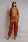 Buy_Taisha_Orange Pure Bengaluru Silk Satin Hand Embroidery Hamsini Short Kurta With Pant _at_Aza_Fashions