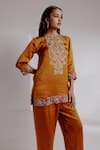 Shop_Taisha_Orange Pure Bengaluru Silk Satin Hand Embroidery Hamsini Short Kurta With Pant _Online_at_Aza_Fashions