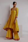 Shop_Taisha_Yellow Pure Knitted Dupion Silk Hand Lori Woven High Low Kurta With Pant _Online_at_Aza_Fashions