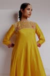 Taisha_Yellow Pure Knitted Dupion Silk Hand Lori Woven High Low Kurta With Pant _at_Aza_Fashions