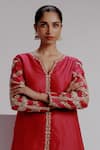 Buy_Taisha_Red Pure Silk Organza Hand Embroidery Floral Notched Gulaab Kurta With Pant _Online_at_Aza_Fashions