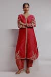 Shop_Taisha_Red Pure Silk Organza Hand Embroidery Floral Notched Gulaab Kurta With Pant _Online_at_Aza_Fashions