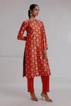 Shop_Taisha_Red Pure Katan Silk Hand Weave Floral Parijat Woven Straight Kurta With Pant _Online_at_Aza_Fashions