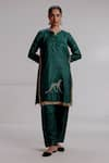 Buy_Taisha_Green Pure Tussar Silk Hand Embroidery Leopard Nimra Straight Kurta With Pant _at_Aza_Fashions