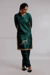 Taisha_Green Pure Tussar Silk Hand Embroidery Leopard Nimra Straight Kurta With Pant _Online_at_Aza_Fashions