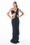 Ankita Bajaj Label_Black Pure Georgette Plain Sweetheart Neck Noir Pre-draped Saree With Blouse _Online_at_Aza_Fashions