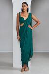 Buy_Ankita Bajaj Label_Green Pure Georgette Plain Enchanted Forest Pre-draped Saree With Blouse _at_Aza_Fashions