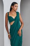 Ankita Bajaj Label_Green Pure Georgette Plain Enchanted Forest Pre-draped Saree With Blouse _Online_at_Aza_Fashions