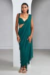 Ankita Bajaj Label_Green Pure Georgette Plain Enchanted Forest Pre-draped Saree With Blouse _at_Aza_Fashions