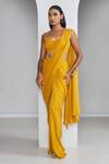 Buy_Ankita Bajaj Label_Yellow Pure Georgette Plain Scoop Neck Saffron Glow Pre-draped Saree With Blouse _at_Aza_Fashions