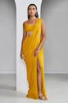 Shop_Ankita Bajaj Label_Yellow Pure Georgette Plain Scoop Neck Saffron Glow Pre-draped Saree With Blouse _at_Aza_Fashions