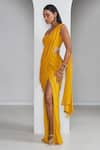 Ankita Bajaj Label_Yellow Pure Georgette Plain Scoop Neck Saffron Glow Pre-draped Saree With Blouse _Online_at_Aza_Fashions