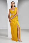 Buy_Ankita Bajaj Label_Yellow Pure Georgette Plain Scoop Neck Saffron Glow Pre-draped Saree With Blouse _Online_at_Aza_Fashions