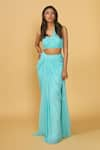 Buy_Ankita Bajaj Label_Blue Pure Georgette Plain Asymmetric Crystal Lagoon Pre-draped Saree With Blouse _at_Aza_Fashions