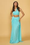 Shop_Ankita Bajaj Label_Blue Pure Georgette Plain Asymmetric Crystal Lagoon Pre-draped Saree With Blouse _at_Aza_Fashions