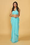 Ankita Bajaj Label_Blue Pure Georgette Plain Asymmetric Crystal Lagoon Pre-draped Saree With Blouse _Online_at_Aza_Fashions