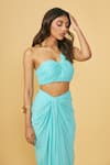 Buy_Ankita Bajaj Label_Blue Pure Georgette Plain Asymmetric Crystal Lagoon Pre-draped Saree With Blouse _Online_at_Aza_Fashions