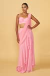 Buy_Ankita Bajaj Label_Pink Pure Georgette Plain Cotton Candy Ruffle Pre-draped Saree With Blouse _at_Aza_Fashions