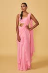 Shop_Ankita Bajaj Label_Pink Pure Georgette Plain Cotton Candy Ruffle Pre-draped Saree With Blouse _at_Aza_Fashions