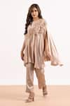 Buy_MYST Designs_Beige Modal Satin Embellished Applique Notched Asymmetric Cape Tunic With Pant _at_Aza_Fashions