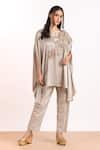 Buy_MYST Designs_Beige Modal Satin Embellished Applique Notched Cape Tunic With Pant _at_Aza_Fashions