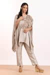 Shop_MYST Designs_Beige Modal Satin Embellished Applique Notched Cape Tunic With Pant _at_Aza_Fashions