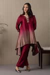 Buy_MYST Designs_Maroon Modal Satin Hand Work Floral Notched Ombre Asymmetric Tunic With Pant _at_Aza_Fashions