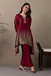 Shop_MYST Designs_Maroon Modal Satin Hand Work Floral Notched Ombre Asymmetric Tunic With Pant _at_Aza_Fashions