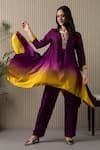 Shop_MYST Designs_Purple Modal Satin Hand Work Floral Notched Round Ombre Tunic With Pant _at_Aza_Fashions